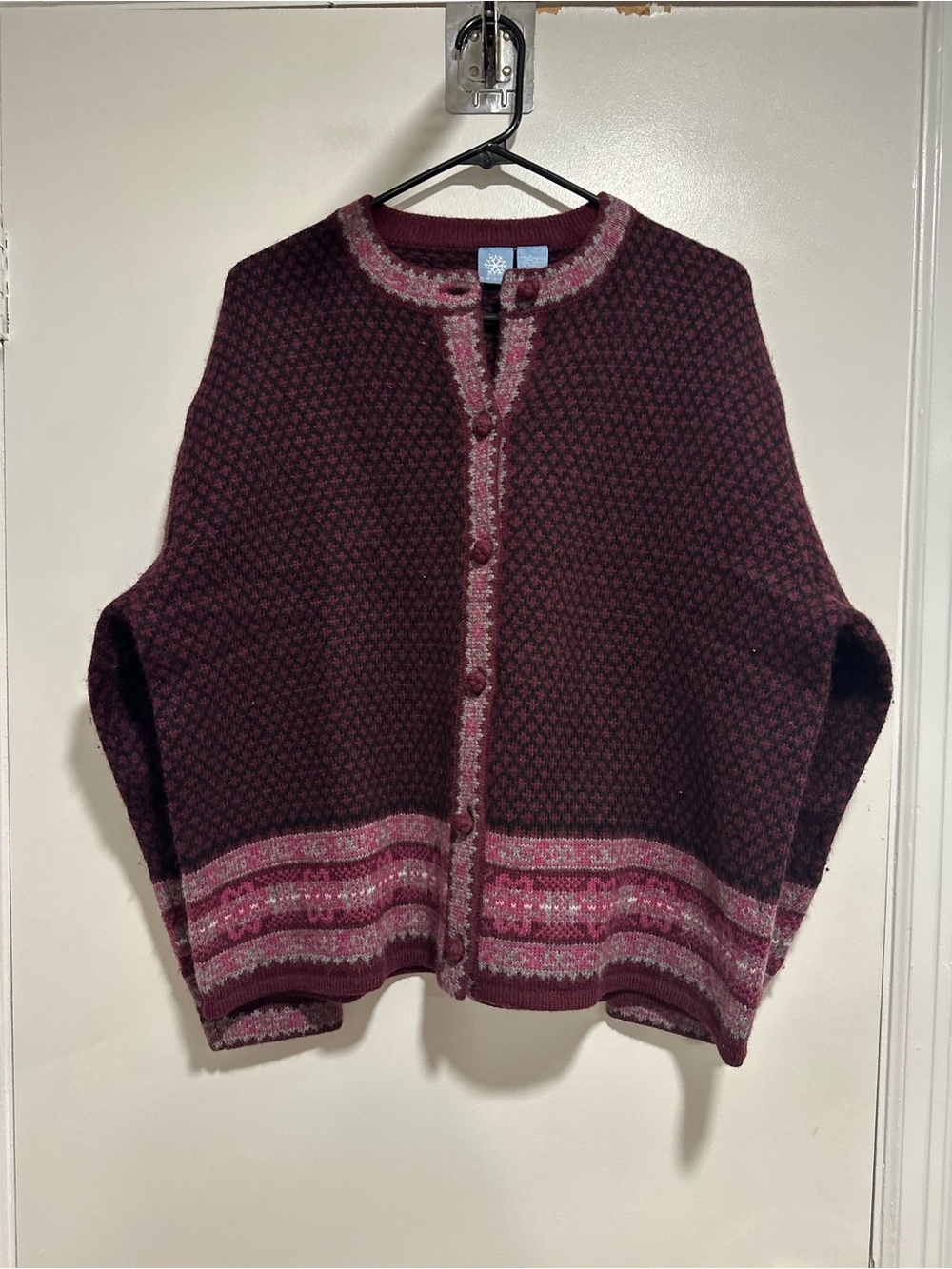 VTG Frost Fair Isle Sz:M geometric knit burgundy/pink Wool Cottagecore cardigan.
